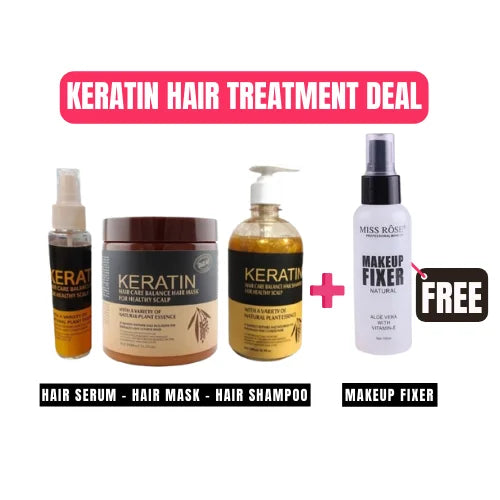 Deal Of 3 Keratin Hair Treatment | Hair Mask + Hair Shampoo + Hair Serum With Free Makeup Fixer